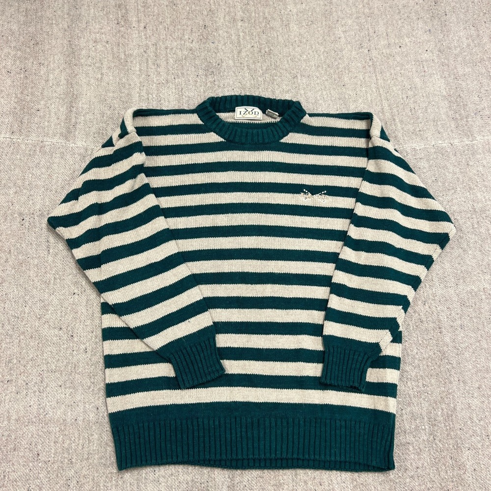 Vintage Izod‎ Sweater Mens Large Green 1990s Striped Golf